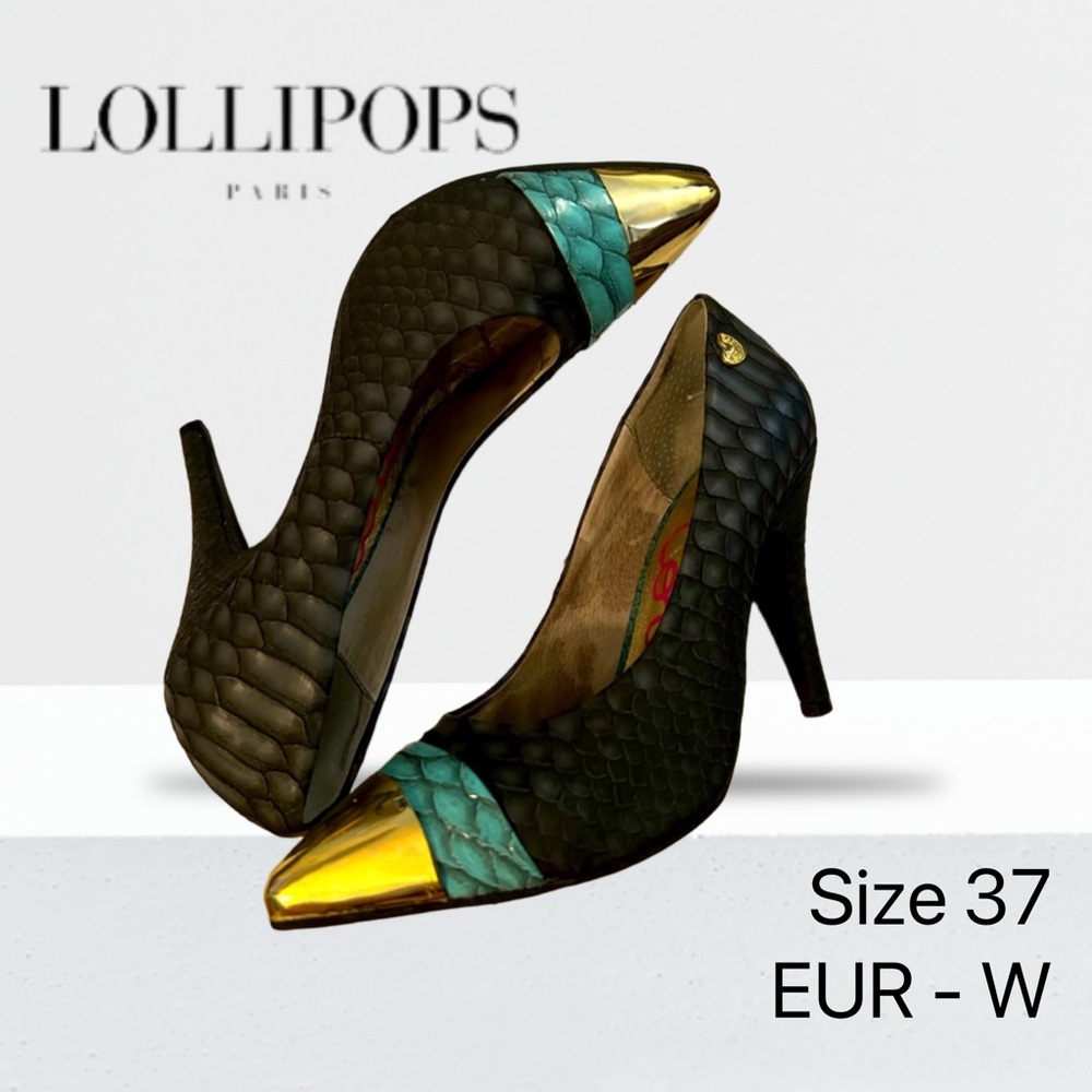 👌VGUC LOLLIPOPS PARIS | S 37| Unique Bold Faux-Reptile Pumps Gold Aqua accents